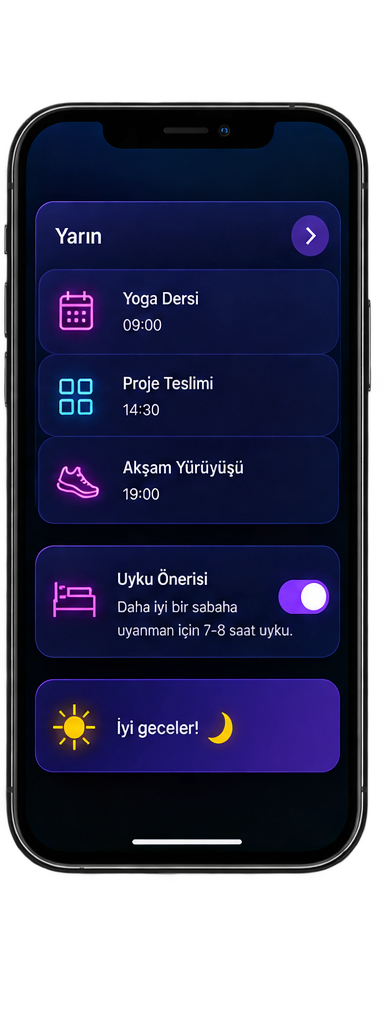Gece için Glowyn mobil uygulama ekranı